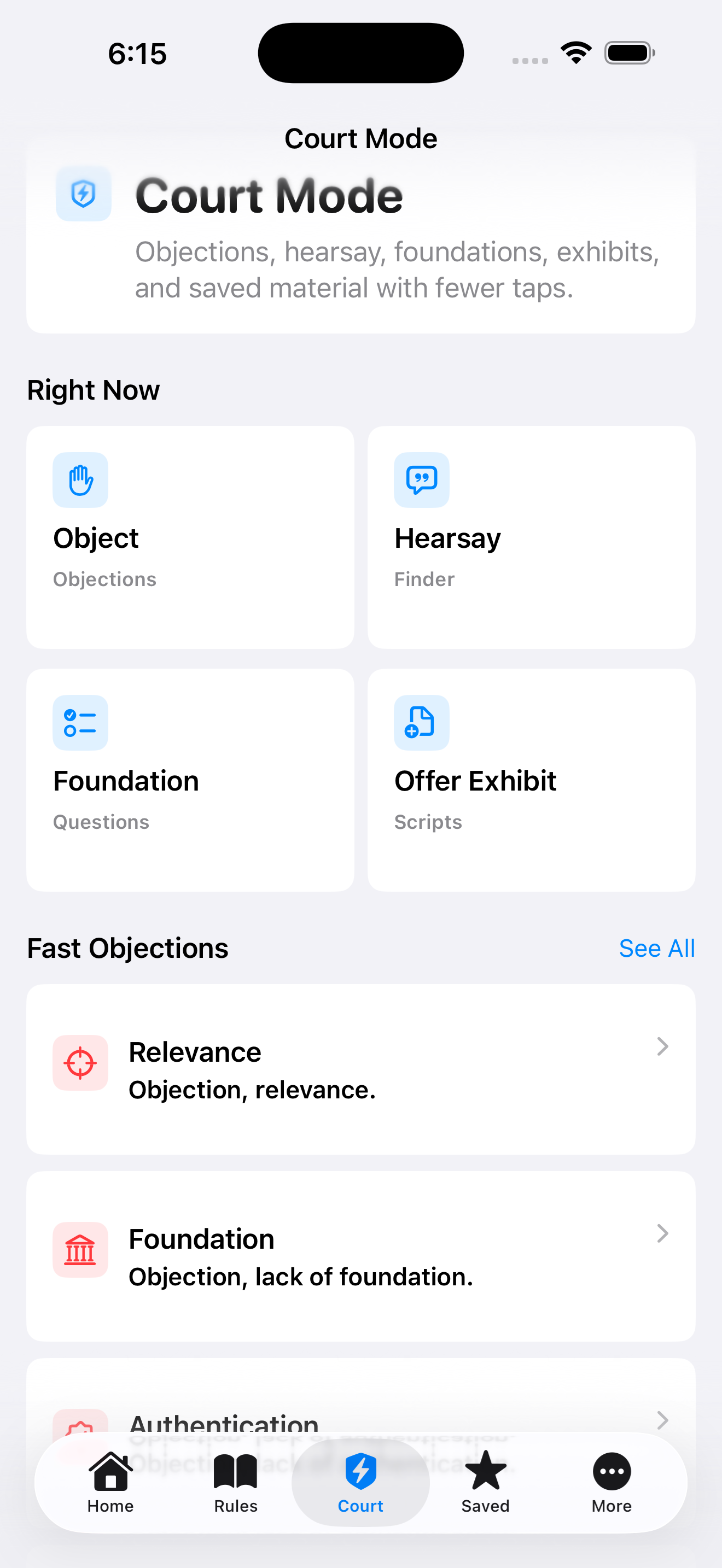 Second Chair Court Mode screen showing objections, hearsay, foundation, exhibit tools, and fast objections