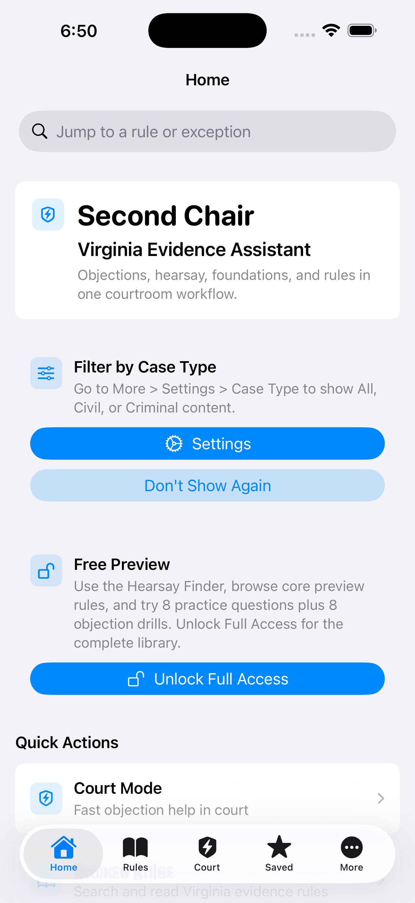 Second Chair home screen showing search, free preview, and quick actions
