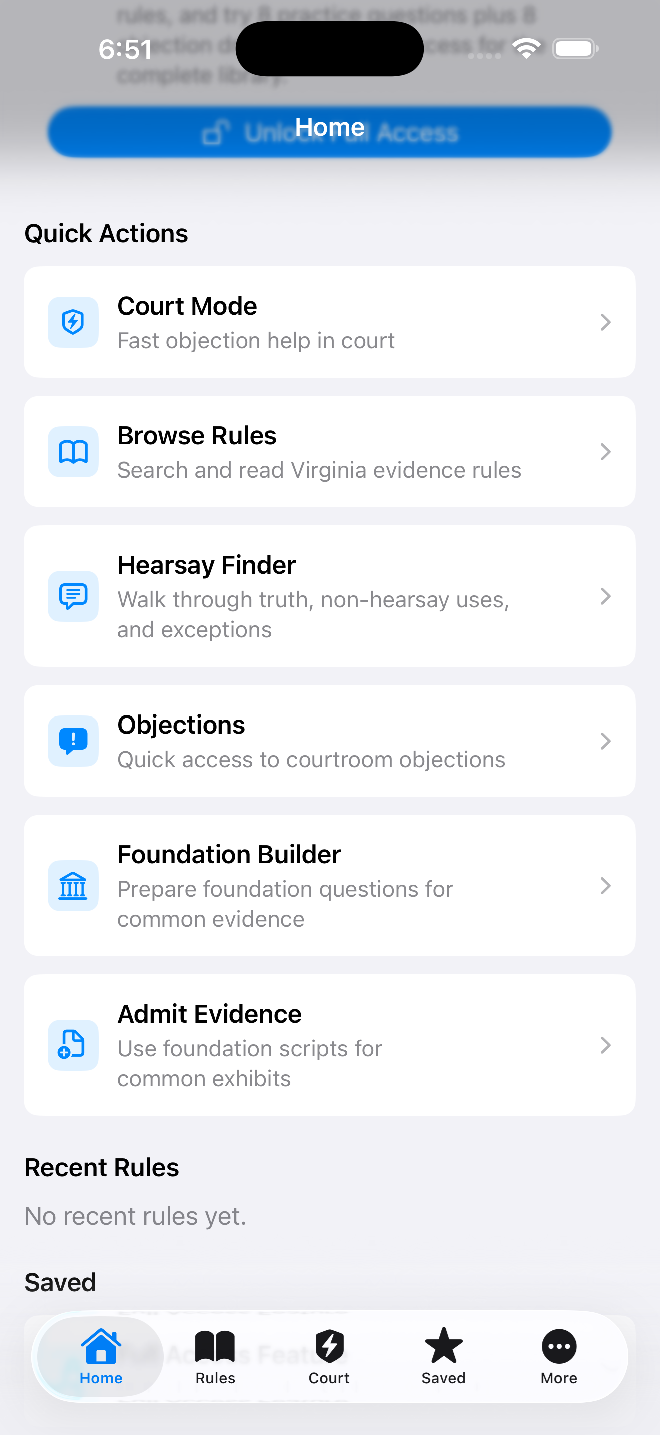 Second Chair quick actions screen with court mode, rules, hearsay, objections, foundation, and admit evidence